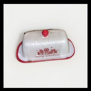 Red and White Christmas Butter Dish - Trees, Houses, Snowflakes